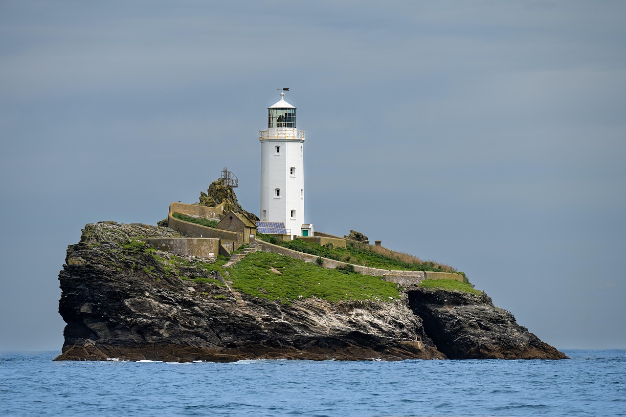 lighthouse, cornwall, ocean, coast, sun, clouds, nature, sky, island, st ives bay, england, godrevy lighthouse